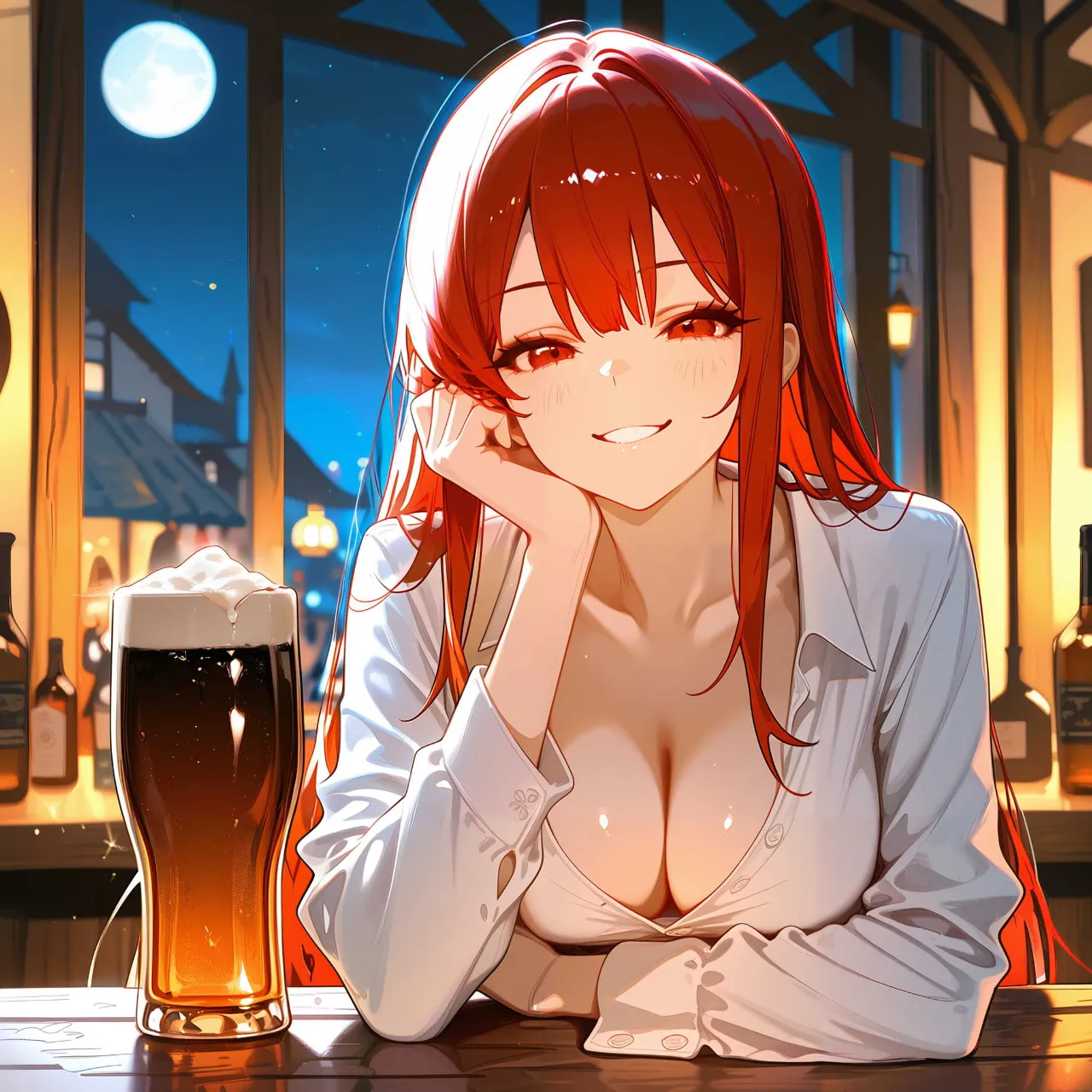月夜の赤髪ビアガール ～甘い微笑みの居酒屋 — 衛宮家の一族さんのAIイラスト