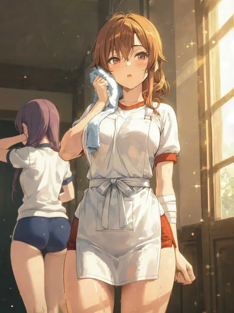 三角巾とエプロン姿と無地の体操着の女学生がふたり