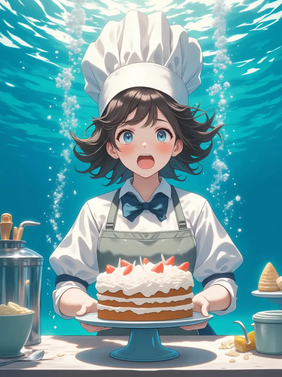 やば!!水中でバースデーケーキ作ったけど、ろうそく立てれん!! — 泥沼さんのAIイラスト