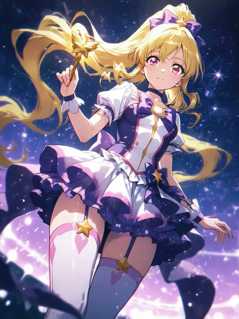 高めのポニーテール、カールした髪、ピンク色の瞳、魔法少女