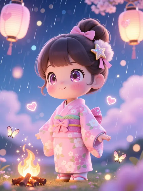 super chibi kawaii yukata girl - 篝火と浴衣美人