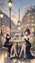 フランスのシャンゼリゼ通りで優雅に紅茶を飲むパリジェンヌ