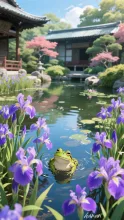 蛙も見とれる花菖蒲