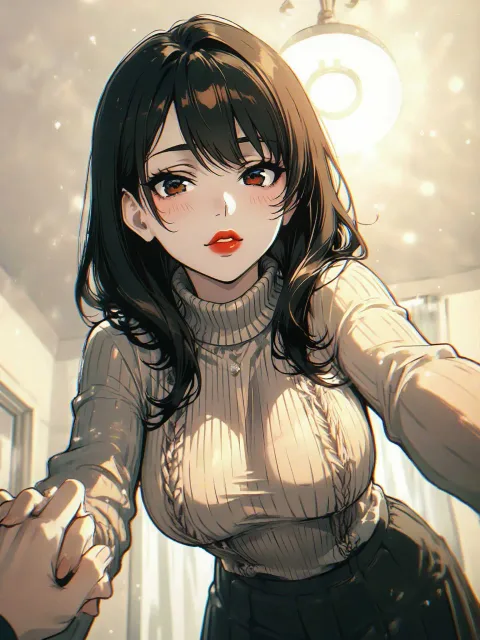 黒髪の短いおかっぱ頭の双子の姉妹、赤い唇 - ニット vs シースルー