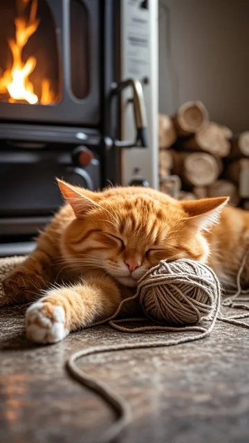 オレンジ猫がストーブのそばで居眠りし、爪を毛糸玉にのせている