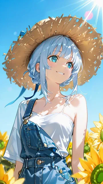 夏の日差し、澄んだ青空、満開の向日葵畑の真ん中 - サロペット