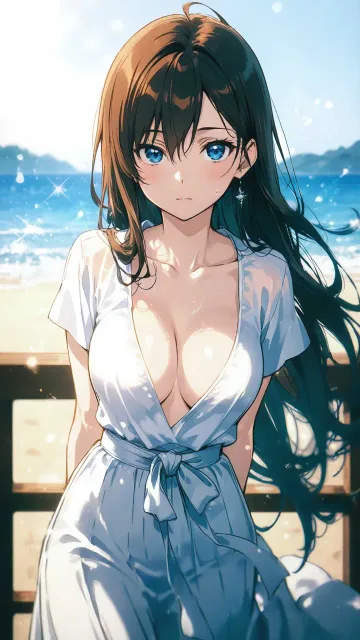 胸元の開いた白い麻シャツの少女、しなやかな体、初夏の風の屋外