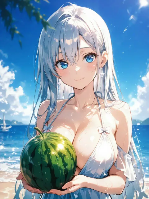 A beautiful young girl with… - スイカと夏の女性