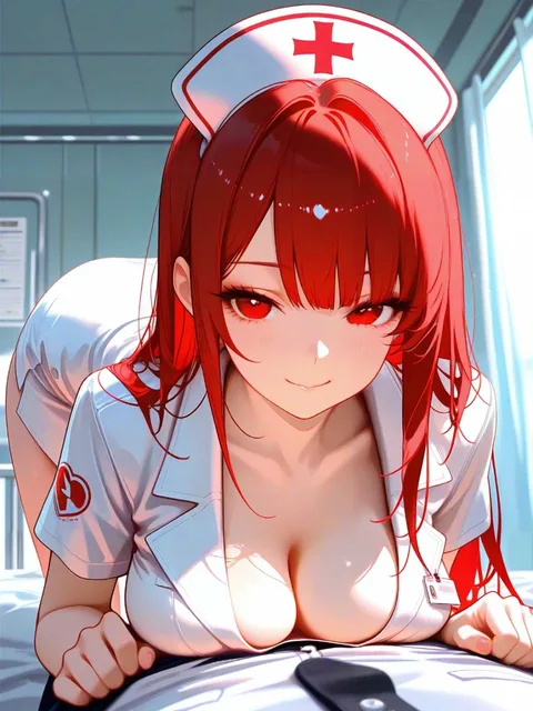 バイタル測るナース 爆乳笑顔 黒と赤の髪 - 画像生成チャレンジ
