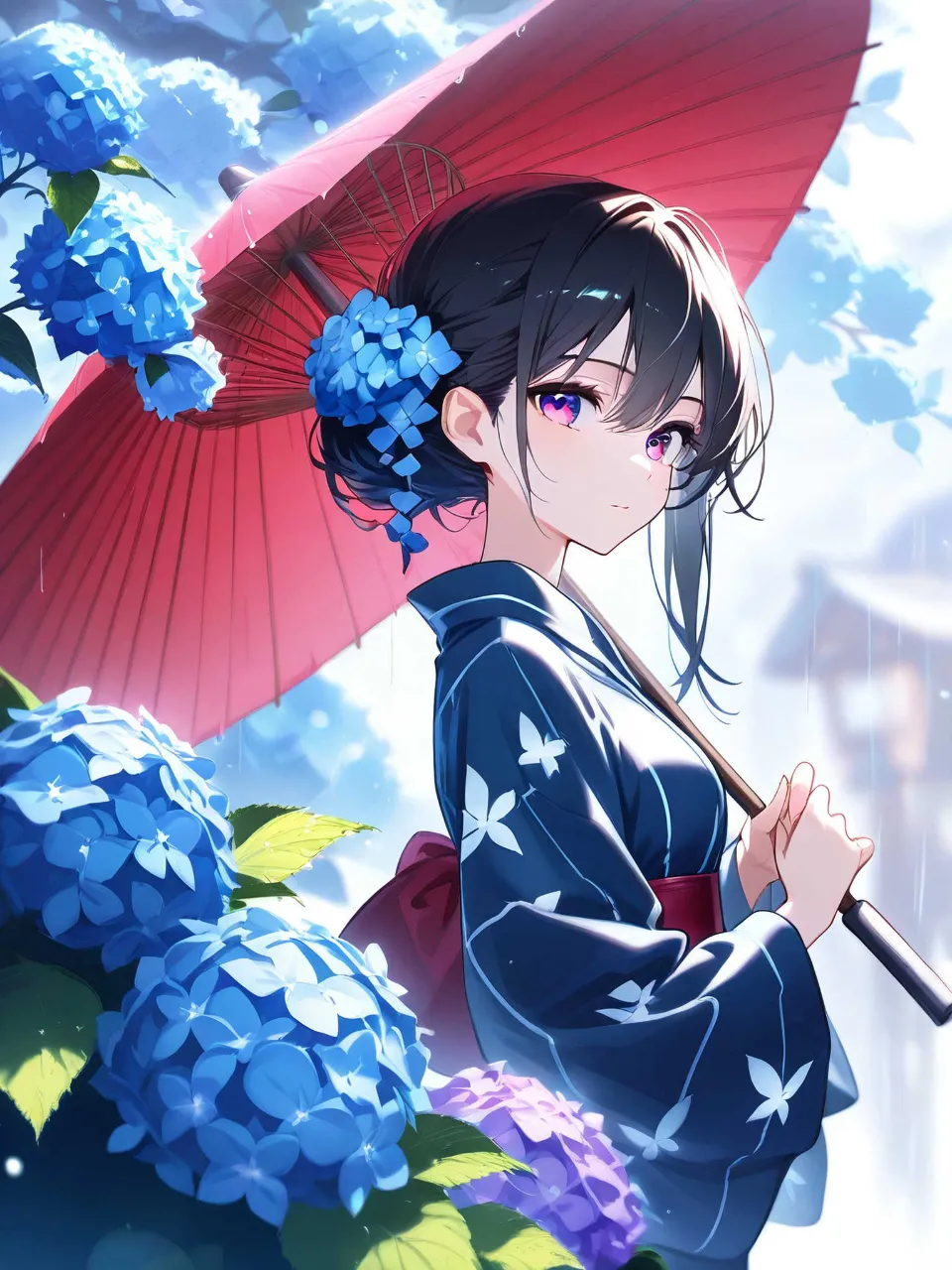 紫陽花と和傘
