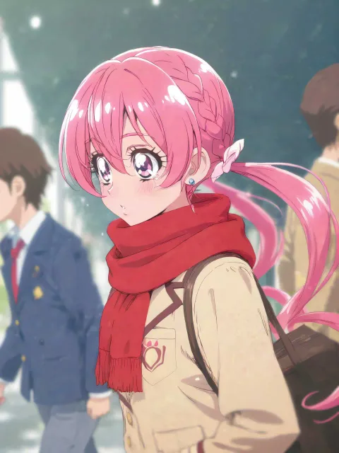 マフラーを巻いて登校中の少女