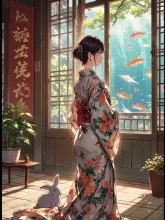 乙姫な紅夜さんと子うさぎと窓の向こうに魚たち