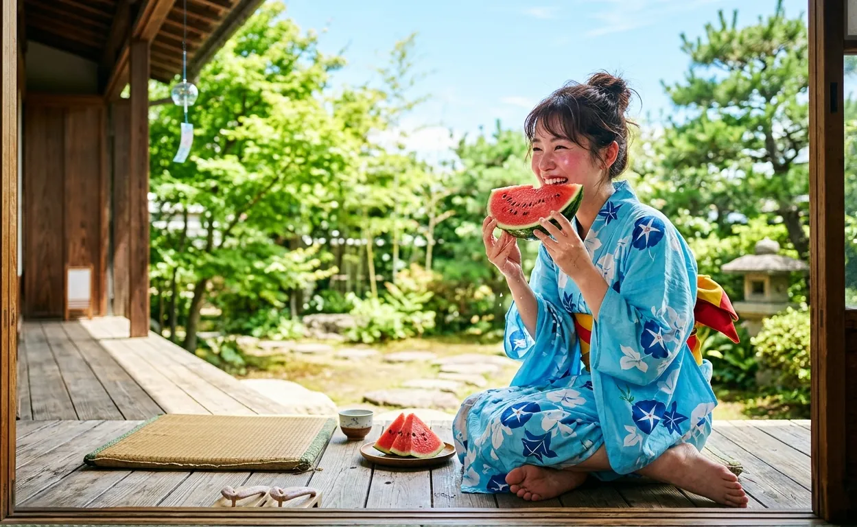 微笑み、こぼれるスイカの雫