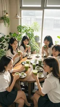 抹茶ラテを堪能する女子会