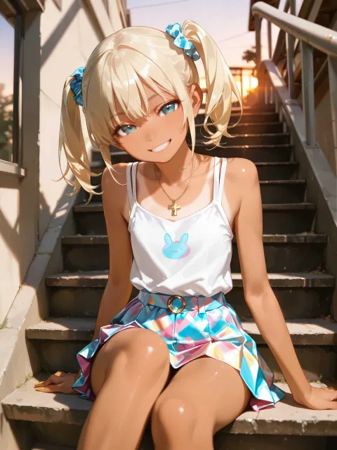 非常階段で膝を抱えて座る色っぽい金髪おさげ日焼け少女