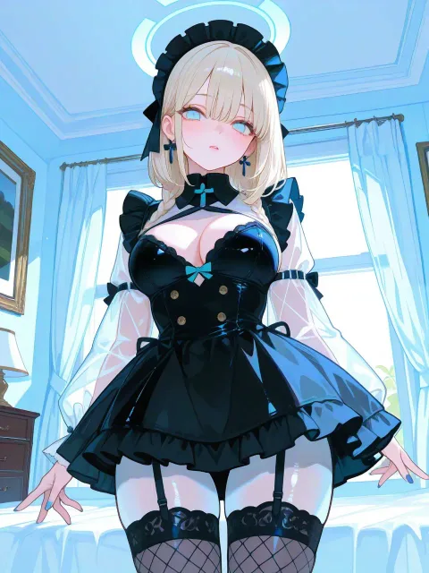 黒いミニドレスと網タイツの色っぽい成年女性、恍惚な表情