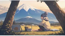 富士山を眺めながらキャンプを楽しむリンちゃん