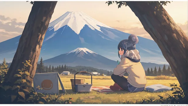 富士山を眺めながらキャンプを楽しむリンちゃん