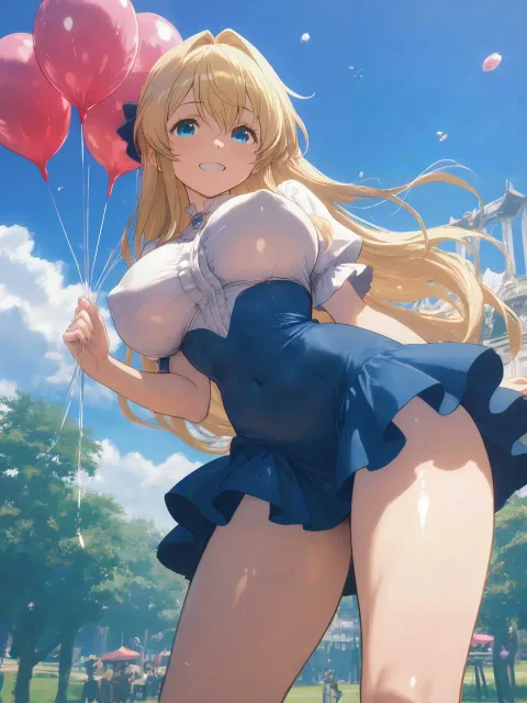ピンク色のフリルのミニワンピ、((胸を強調するデザイン))