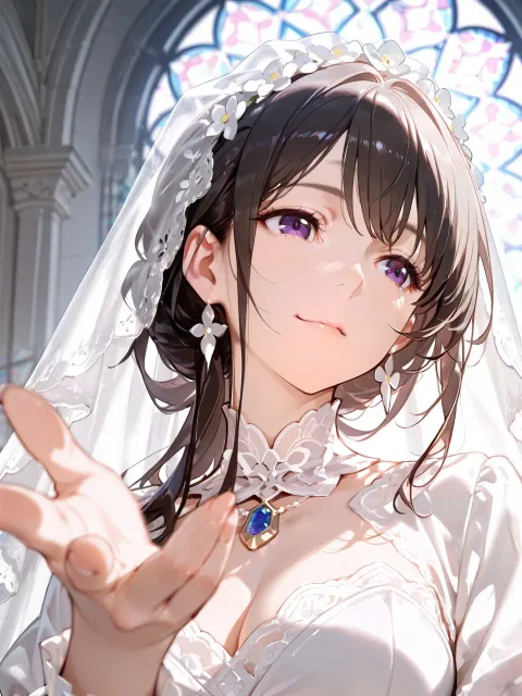 きちんとした服装、長いレースのベールをかぶった花嫁の成年女性