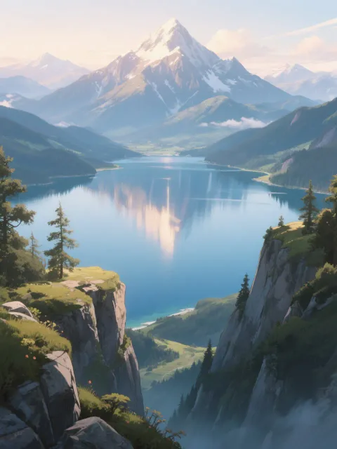 山頂からの絶景、湖と山、やさしい光、穏やかな雰囲気
