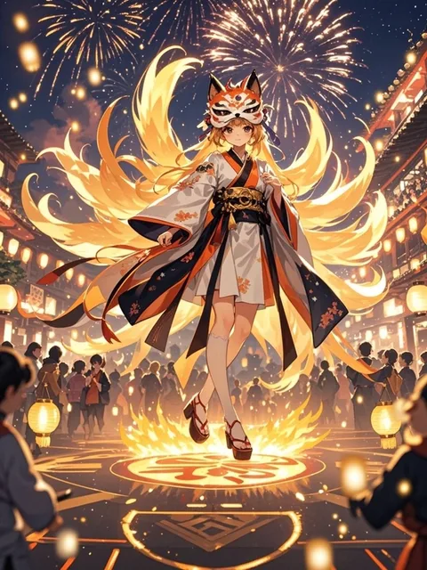 祭りで目覚める狐の仮面の神様 明るく灯された夏の夜の祭りで