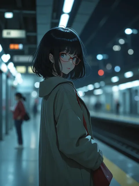 深夜の駅のホームにいる成人女性、白い蛍光灯に照らされる - 終電待ち