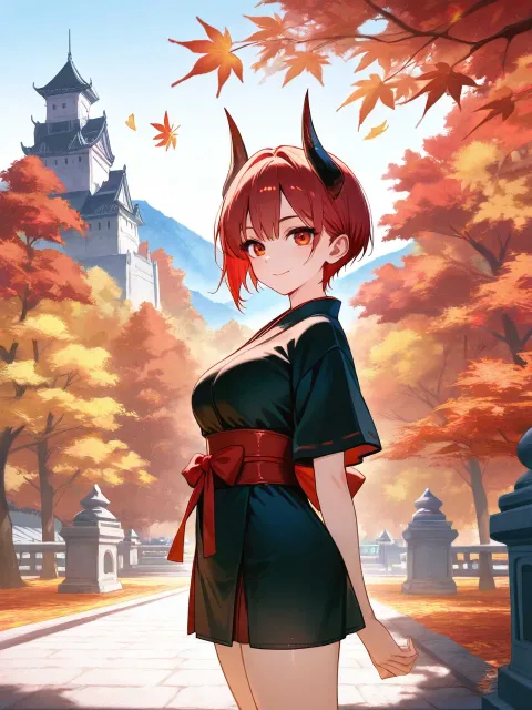 秋の山城、赤髪ショートヘアの鬼娘、丈の短い着物 - 鬼の姫