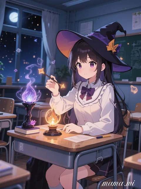 夜の教室で魔術の練習