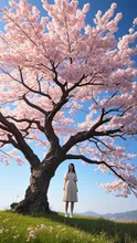 メタバース、最高画質、桜の大木、女性1人で佇む、雲ひとつない青空