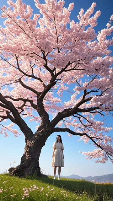 メタバース、最高画質、桜の大木、女性1人で佇む、雲ひとつない青空