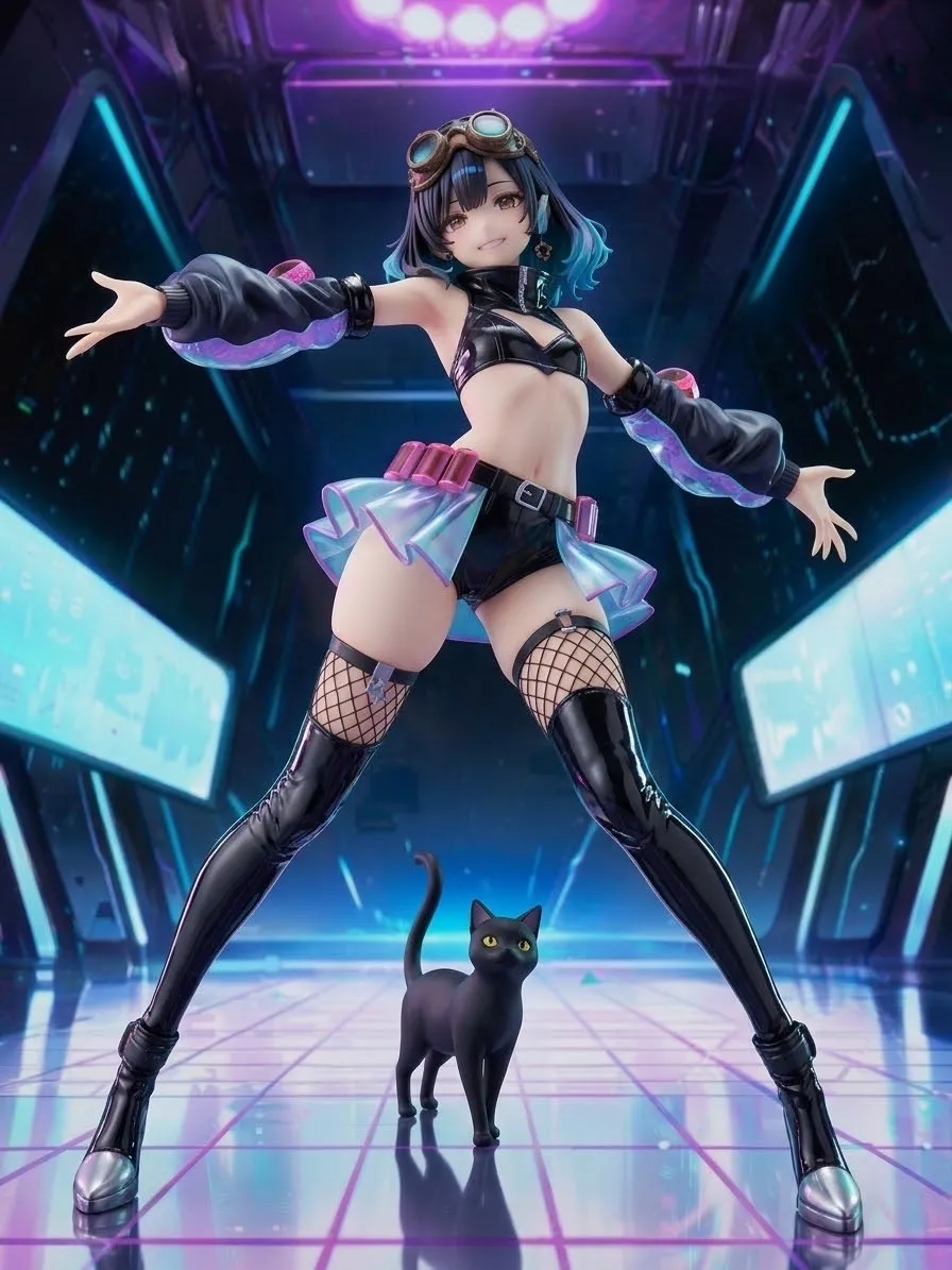 サイバーなeスポーツ会場にやってきた…パンク娘と黒ニャンコ…フィギュア…黒