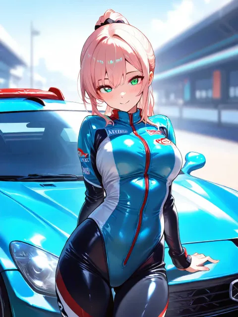 タイトなレーシングスーツのクールで色っぽい女性レーサーの女性