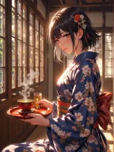 お茶を置きに来た中居さんな紅夜さん — 紅夜さんのAIイラスト