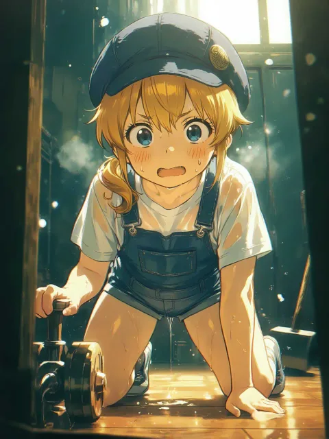 火床に向かう刀鍛冶、ぽっちゃりの女の子藁灰の散る床