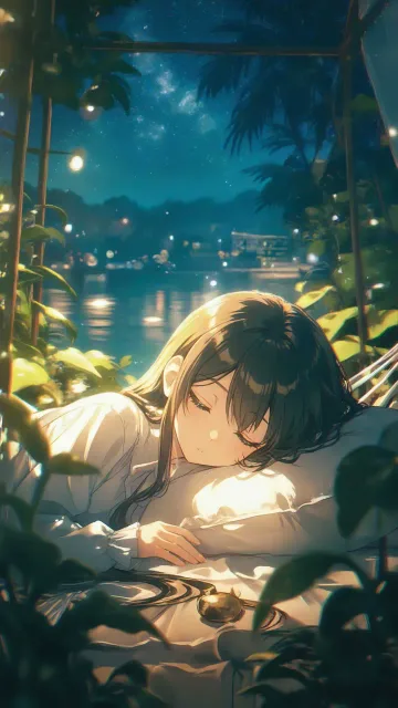 夜の温室で眠る、植物に囲まれたハンモック