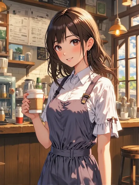 きちんとした服装、喫茶店の看板娘の成年女性、目線の高さから