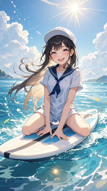 波と戯れる少女、サーフボードに座りながら微笑む