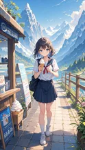 山道沿いのお店で寂しそうに大好きなソフトクリームを食べる女子高校生🍦