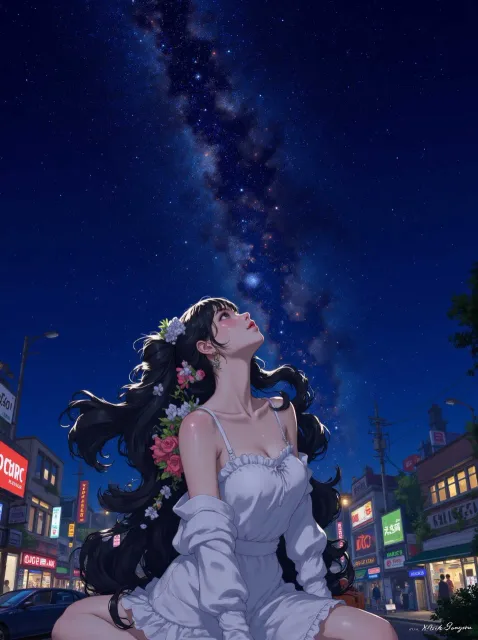 夜空の下、星を眺める美しい女性、表情は無に近い - 星空投影