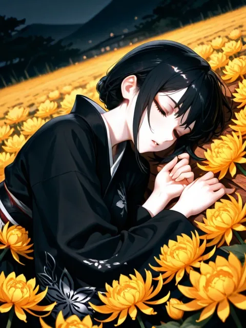 黒い着物の成人女性、黒髪のおかっぱ、菊の花畑で眠る、黒い鬼火