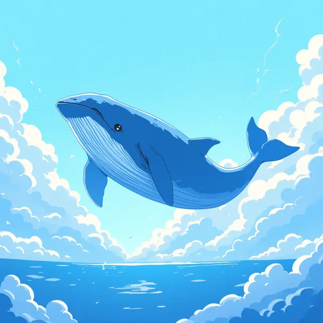 雲の中をシロナガスクジラが泳いでいく