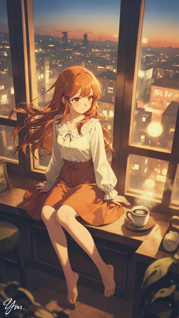 夕暮れ時、アンティークな雰囲気に包まれた喫茶店の中