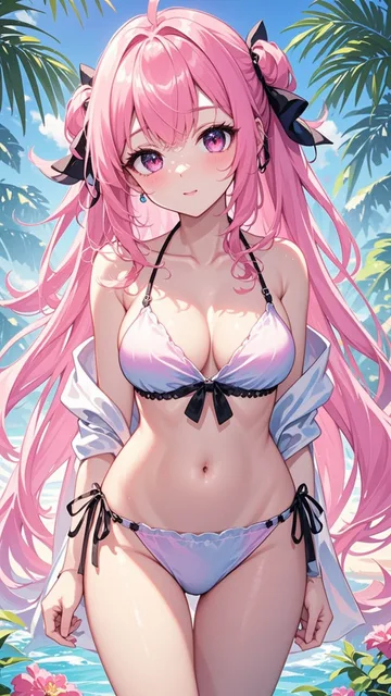 ピンク髪ロングのビキニ巨乳女子
