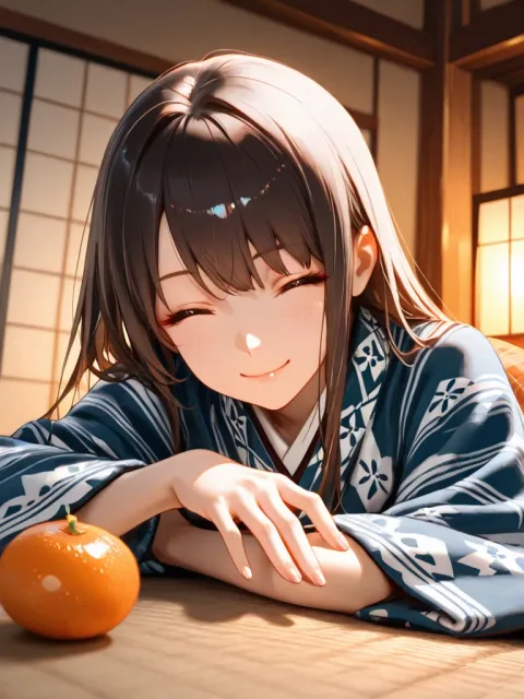 きちんとした服装、こたつに入ってみかんを持つ成年女性