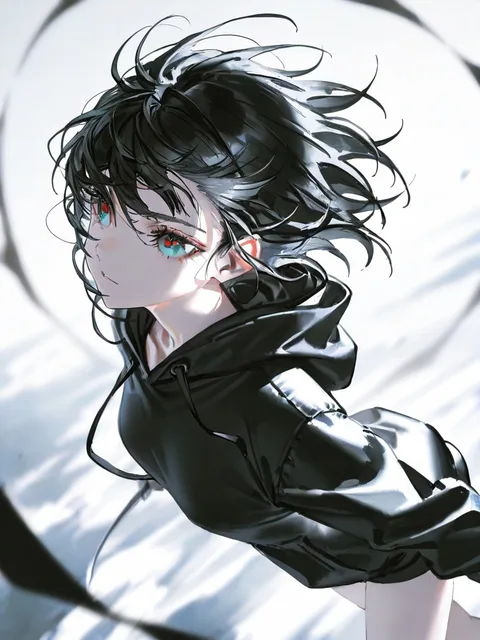 黒髪ショートヘアーで黒のパーカーを来た少女
