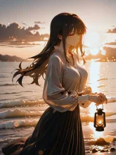 黄昏時のビーチでランタンに火を灯す
