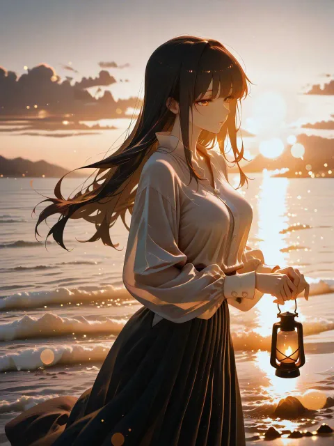 黄昏時のビーチでランタンに火を灯す