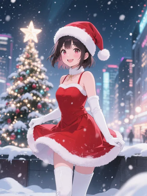 情熱的な赤いクリスマスドレスを着たふわふわのサンタ帽をそっと…