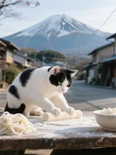 うどんを作るハチワレ猫